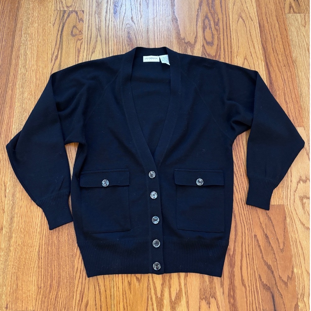 Liz Claiborne Vintage Black Wool Blend Cardigan Sweater Button Front Pockets 8